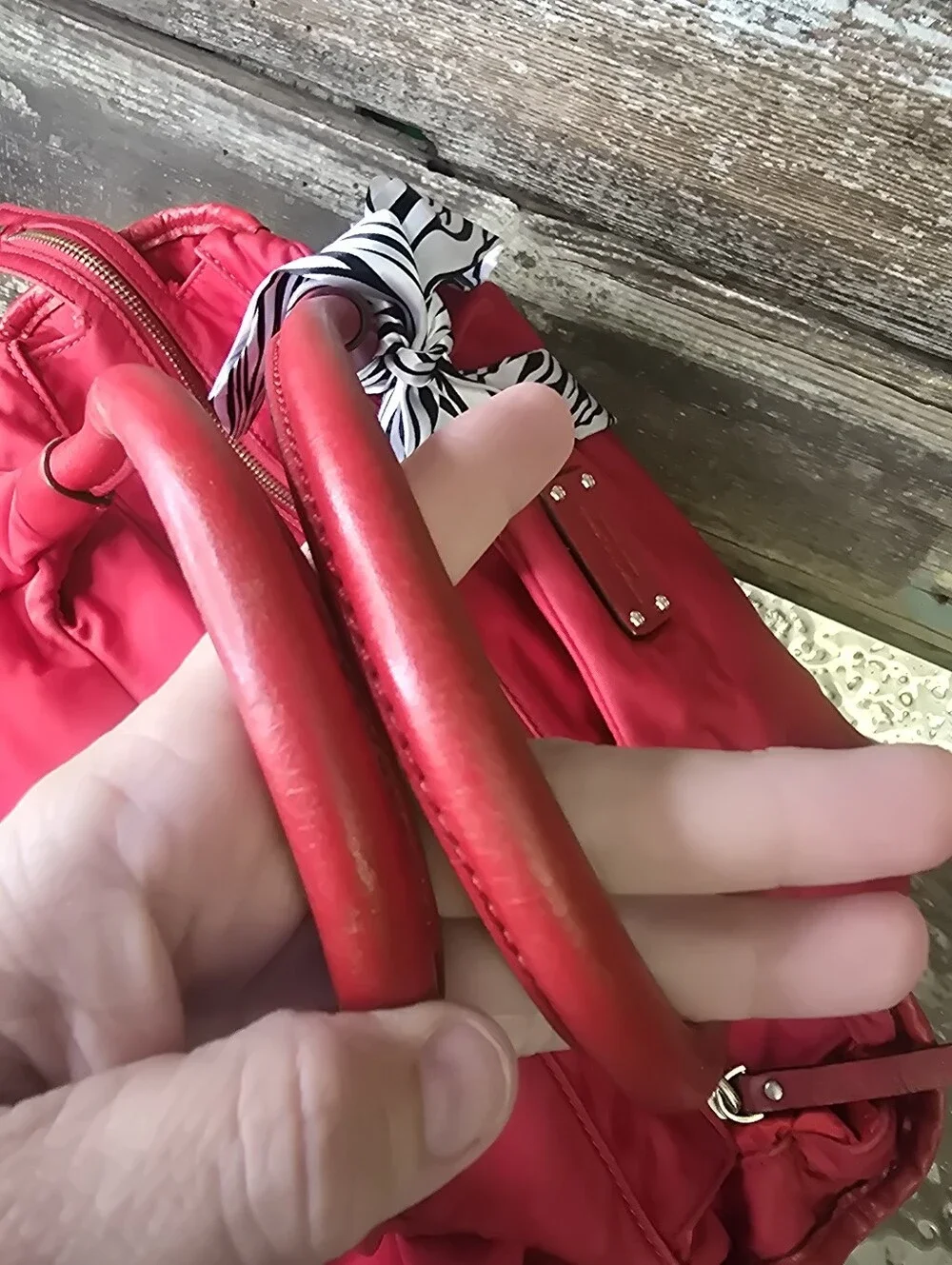 Kate Spade Red Nylon Leather Large Satchel Tote Zebra Scarf